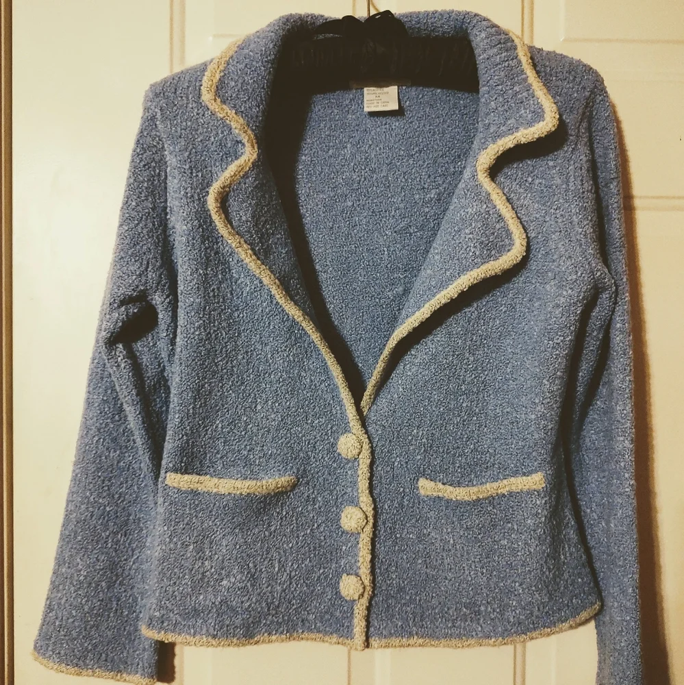 🔹🪻🔹Divine Vtg French Blue Periwinkle & Cream Plush Boucle Sweater Blazer - M - Picture 4 of 14